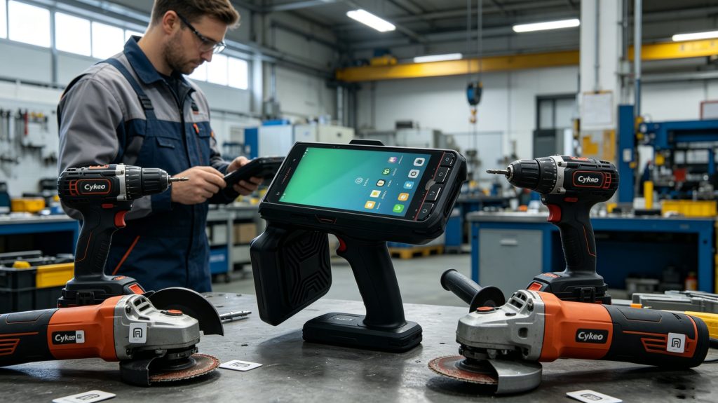 RFID system tracking power tools inside industrial smart cabinet RFID system tracking power tools inside industrial smart cabinet