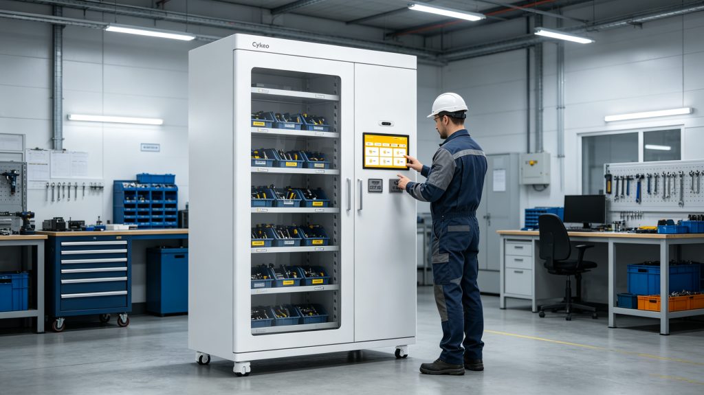Industrial RFID system tracking tools and equipment inside smart cabinet