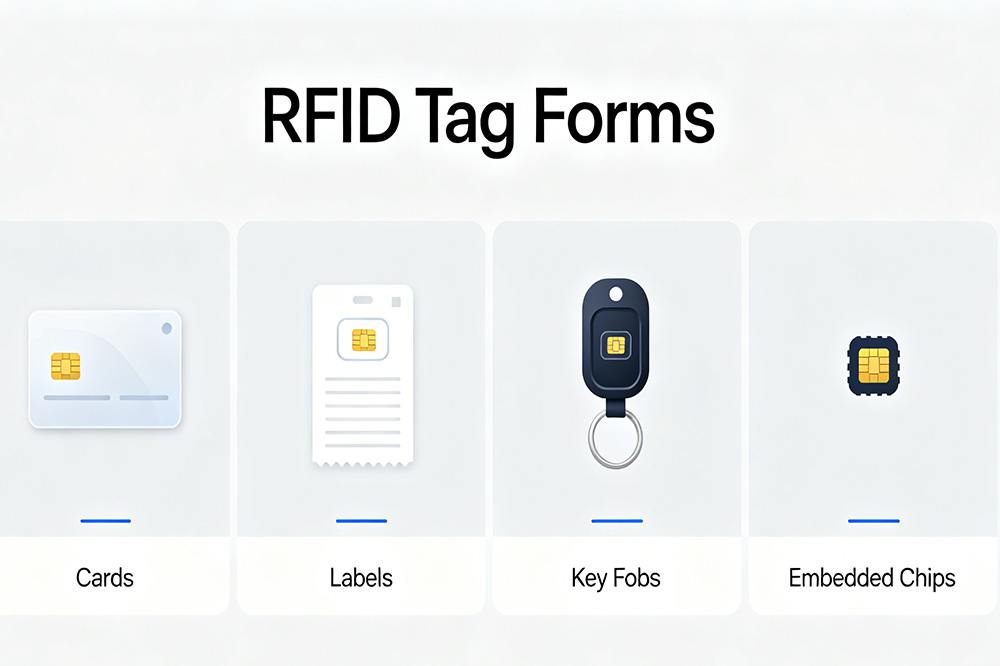 RFID tags come in many forms, including cards, labels, key fobs, and embedded chips.