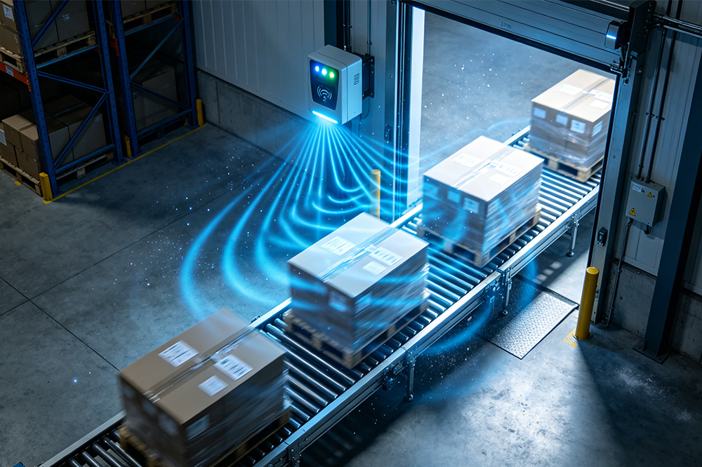How Do RFID Readers Work? 3 Fixed RFID reader tracking products through a warehouse gate