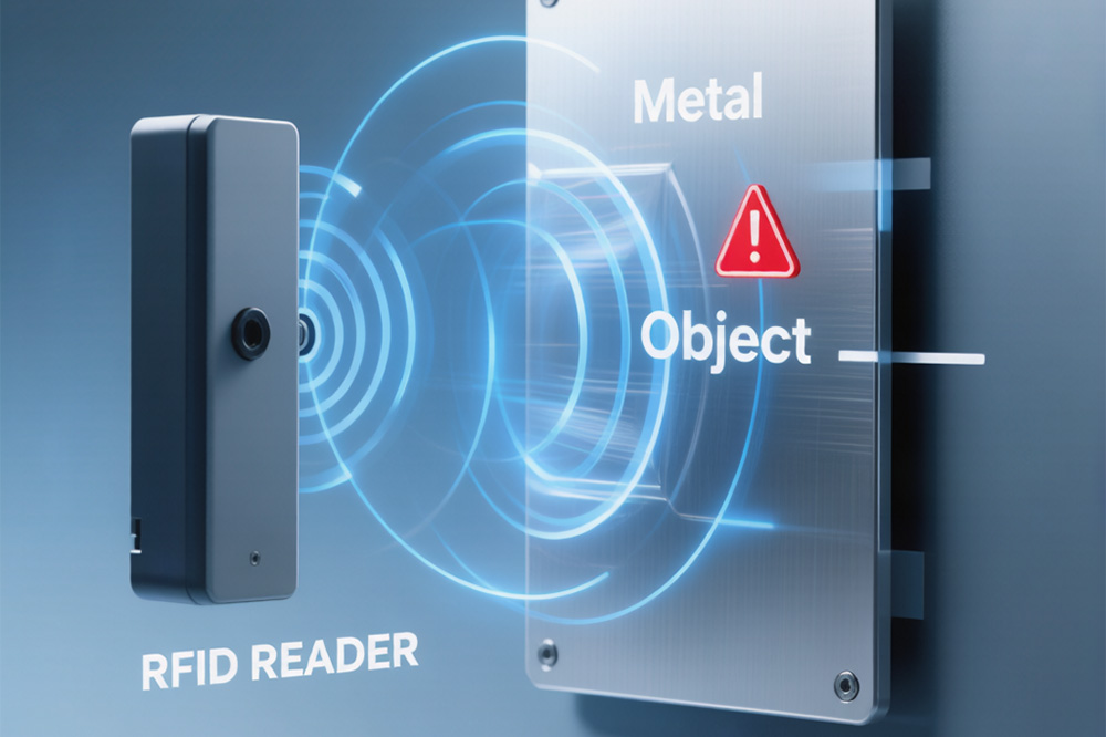 Metal surfaces can reflect radio waves and reduce RFID read performance.