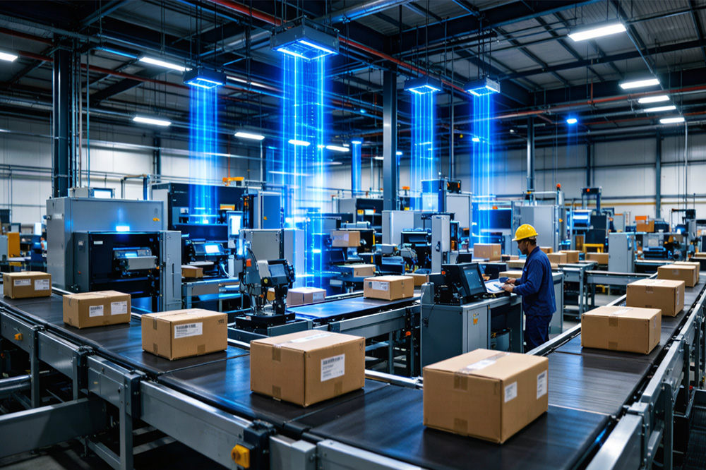 Why Long-Range UHF RFID Beats Barcodes and Handhelds 2 High-volume fulfillment center with conveyors, automated sorting systems and overhead RFID readers tracking inventory movement in real time