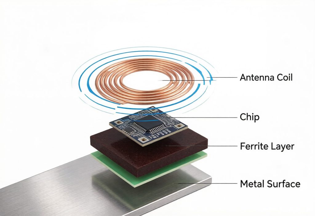 RFID anti metal tag internal structure with ferrite shielding layer