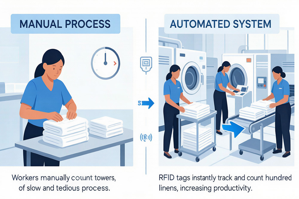 Laundry Tracking System: Why More Commercial Laundries Are Moving Beyond Manual Counting 3 Comparison between manual laundry counting and RFID bulk scanning
