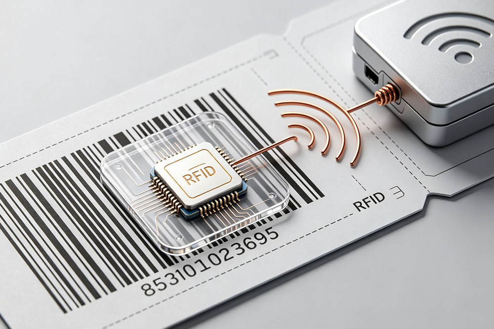 RFID Barcode Tags: The Label That's Quietly Replacing Traditional Inventory Tracking 1 Cross section showing barcode label with embedded RFID chip and antenna
