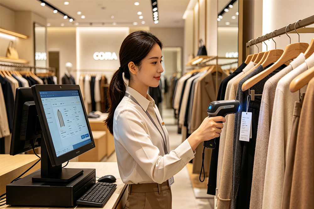 RFID Barcode Tags: The Label That's Quietly Replacing Traditional Inventory Tracking 3 Retail employee using RFID reader to count apparel items with RFID barcode tags