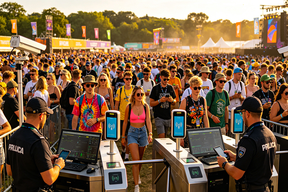 How to Improve Event Security with RFID Access Control 3 RFID security gates managing large crowds at a music festival
