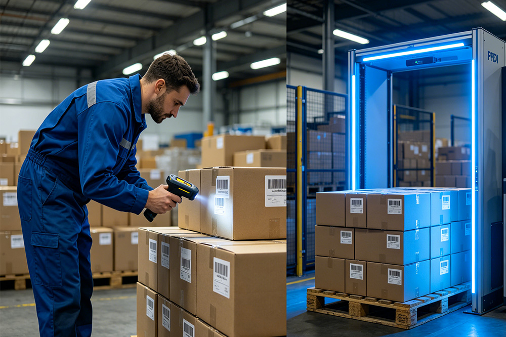 RFID Definition: I Used to Think It Was Just a Smarter Barcode. I Was Wrong. 2 Comparison between barcode scanning and RFID bulk identification in a warehouse