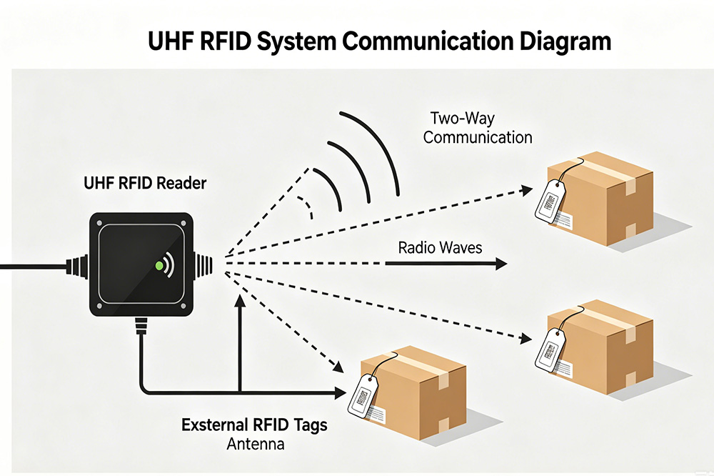 The antenna transmits RF energy and receives responses from passive RFID tags