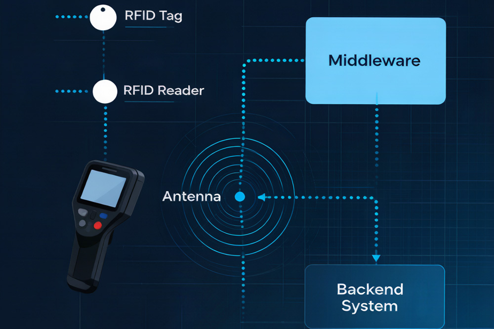 What Is an RFID Scanner? How It Actually Works in Real Warehouses and Automation Projects 2 RFID data flow from tag to backend system showing real-time tracking structure