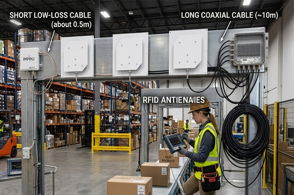 RFID Antenna Compatibility Guide: Reader Compatibility, Connector Types, and Cable Loss Explained 3 Comparison of short and long RFID antenna cables in warehouse installation