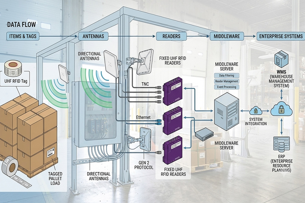A Good RFID Project Usually Starts with the Wrong Question 1 Architecture of an RFID portal system using fixed readers, antennas and middleware