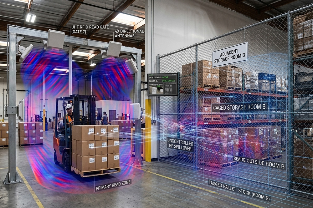 The RFID System Was Working… Just Not in the Right Place 1 RFID antenna reading tags beyond the intended warehouse area
