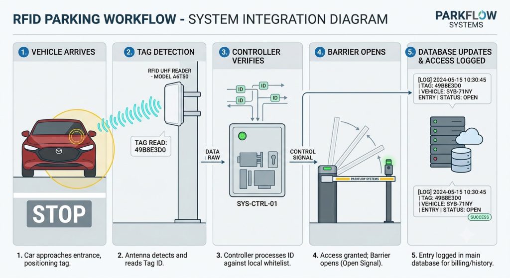 How RFID Parking Access Control Works in Real Parking Projects 1 Step by step RFID parking access control workflow from vehicle detection to barrier opening