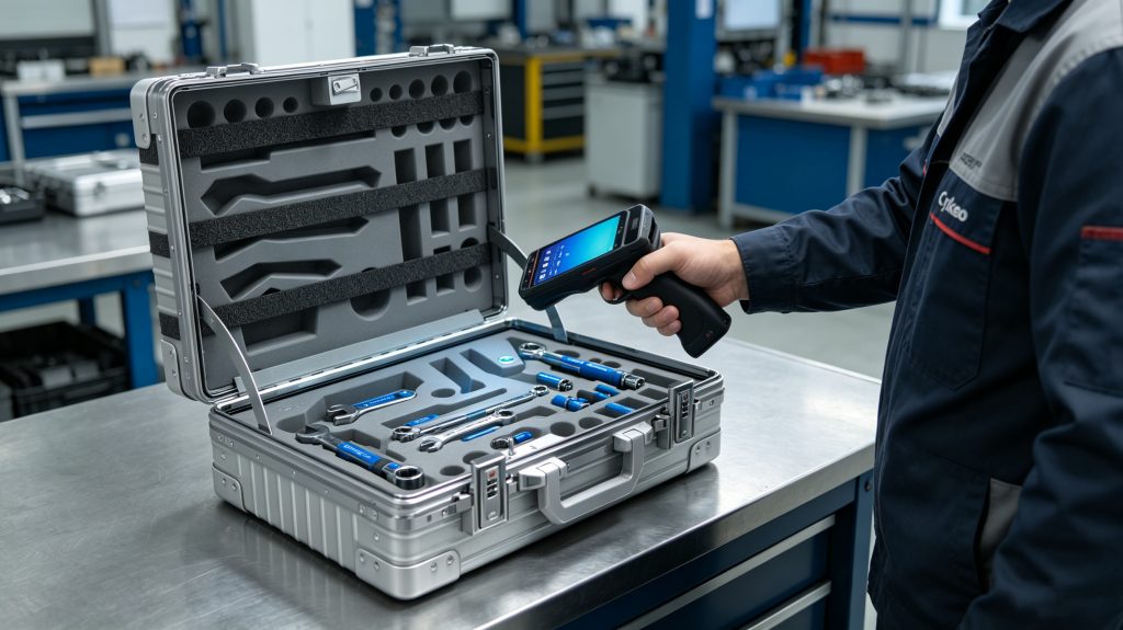 technician using passive RFID tag reader in industrial tool tracking system