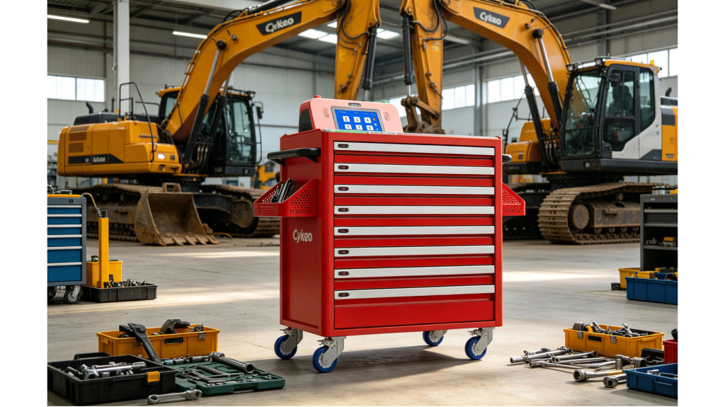 How Tool Tracking Tool for Heavy Equipment? 1 Cykeo RFID smart tool cart used in heavy equipment maintenance workshop