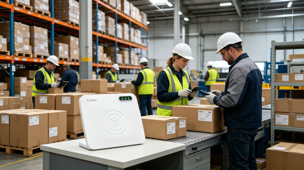 What Is RFID Tag EPC? 2 RFID EPC tagged cartons moving through warehouse inventory process