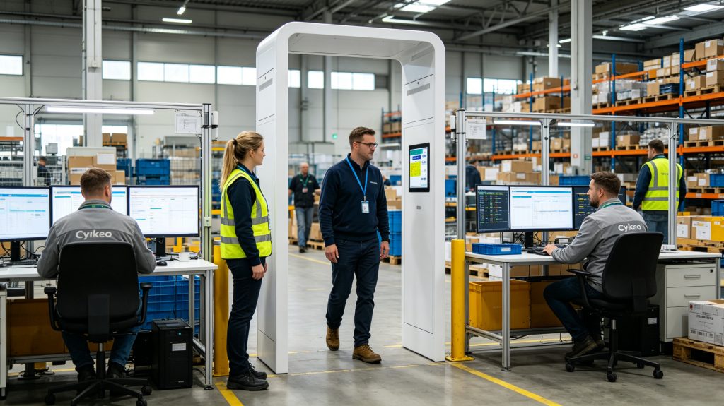 How To Achieve Warehouse Employee Tracking? 1 Warehouse employees wearing RFID identification badges moving through logistics operations