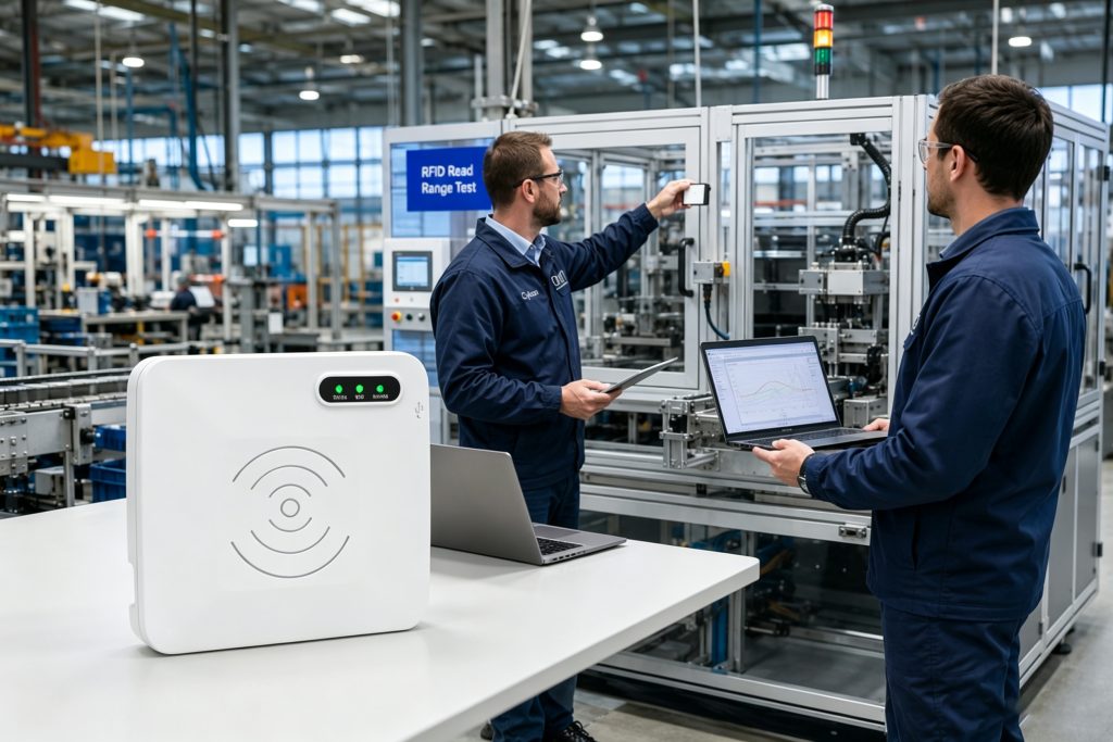 What Is the RFID Frequency Range? 2 Cykeo RFID reader conducting read range validation on industrial assets