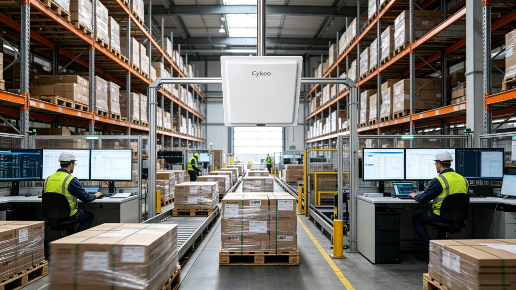 How RFID for tracking improves asset visibility 1 Cykeo RFID reader tracking inventory movement in a modern logistics warehouse