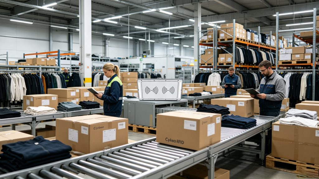 What Is RFID Chip Clothing? 2 Cykeo RFID technology tracking RFID chip clothing inside a modern apparel distribution center.