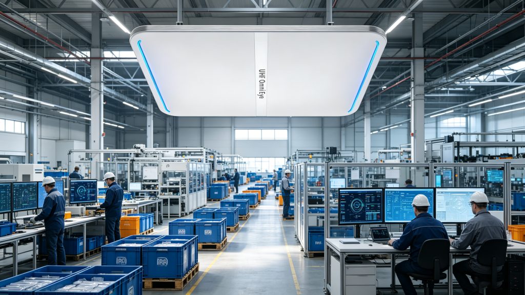 How RFID for tracking improves asset visibility 2 Ceiling-mounted Cykeo RFID reader monitoring asset movement inside smart factory