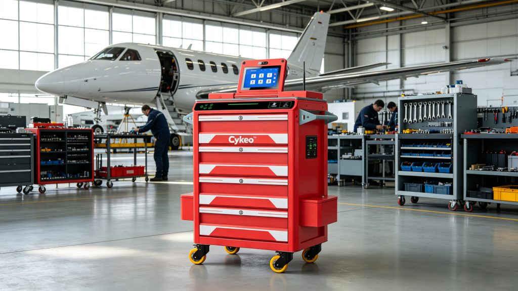 What Is Rfid Tool Tracking Systems,How It Is Work? 1 RFID smart tool cart managing aviation maintenance tools inside aircraft service hangar