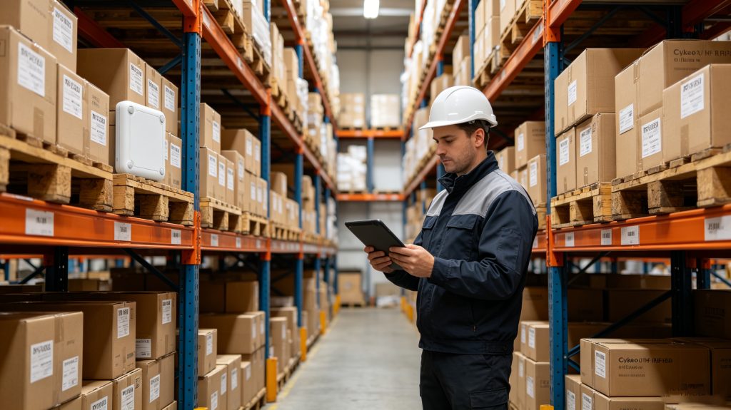 Warehouse employee using Cykeo RFID equipment for rapid inventory counting.