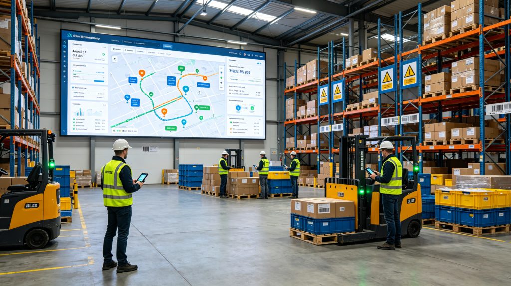 Workers locating tagged assets using asset tracking beacon technology in a European warehouse