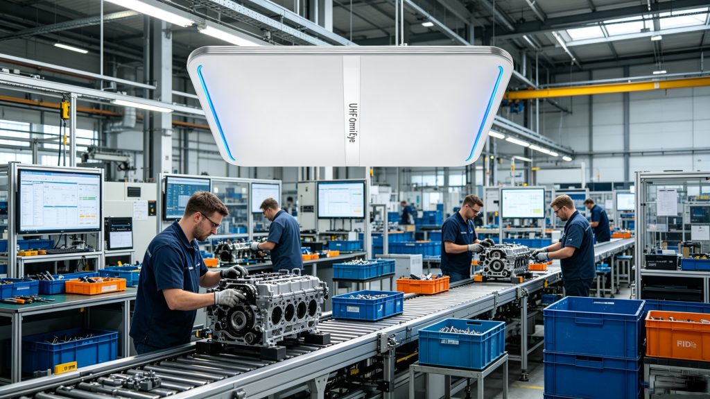 What Is RFID for Manufacturing Asset Tracking 1 Ceiling-mounted Cykeo RFID reader monitoring production assets in a European automotive factory