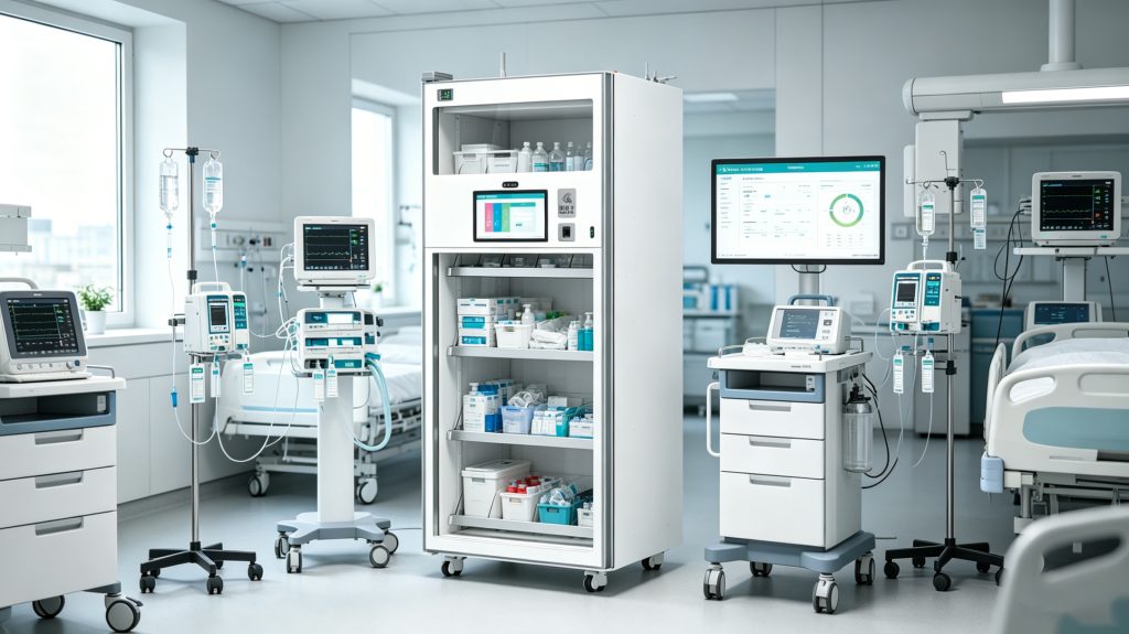 What are medical equipment tags? 1 RFID-tagged medical equipment stored inside a modern hospital inventory management area