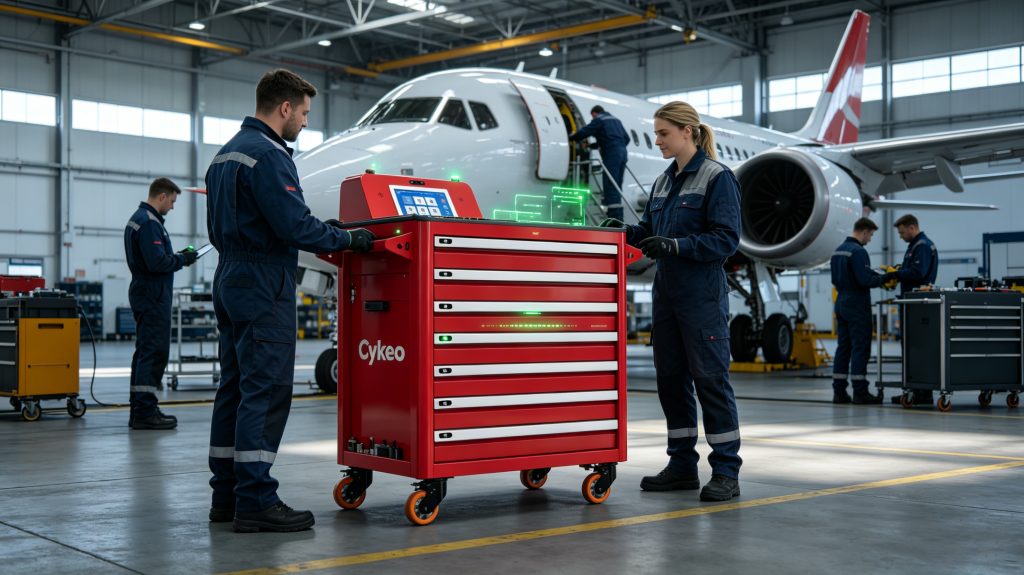 Tools Tracking System: Smart RFID Tool Cart for Aviation & Industry | Cykeo 1 Smart RFID tool cart tracking aviation maintenance tools in hangar