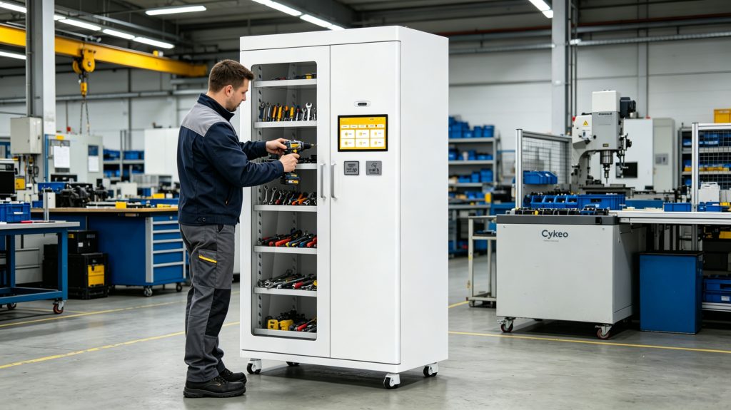 Worker removing RFID-tagged tool from Cykeo smart tool cabinet