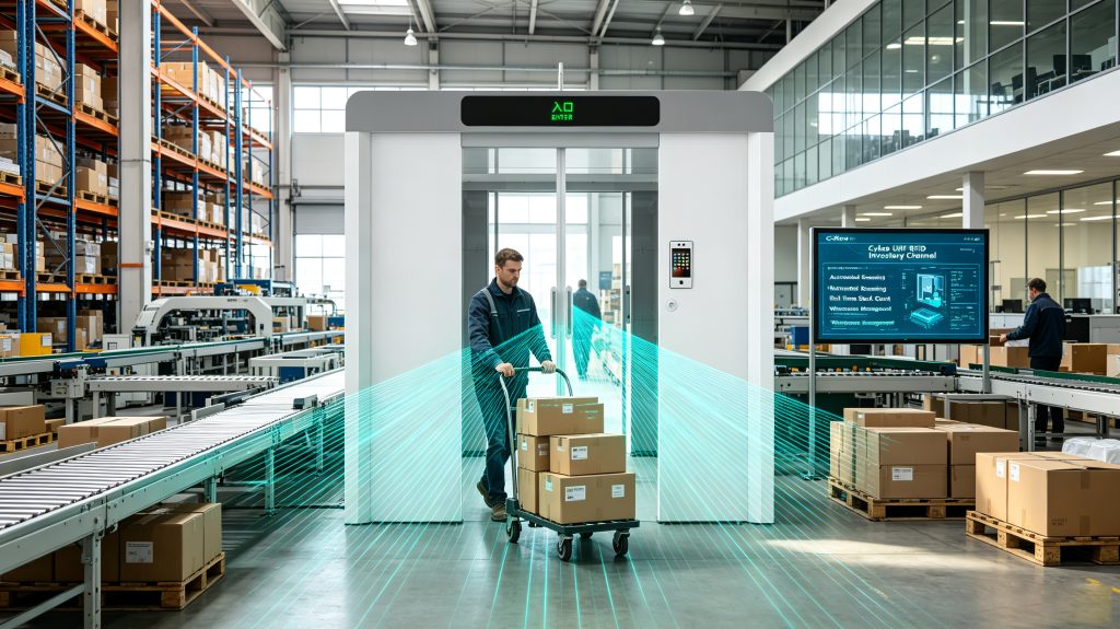 How RFID Works: A Complete Guide to RFID Technology, Tags, Readers, and Real-World Applications 2 Cykeo UHF RFID inventory system scanning products in warehouse operations