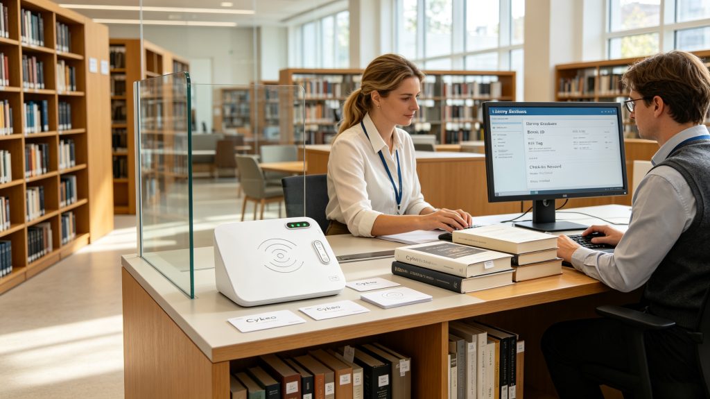 RFID card reader identifying smart cards and tagged items in a European library