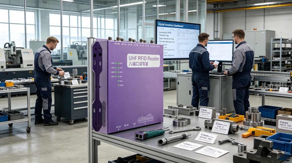 What Do RFID Mean? Understanding RFID Technology, Applications, and Smart Identification Systems 2 Cykeo RFID reader scanning multiple RFID tagged industrial assets in a modern European facility