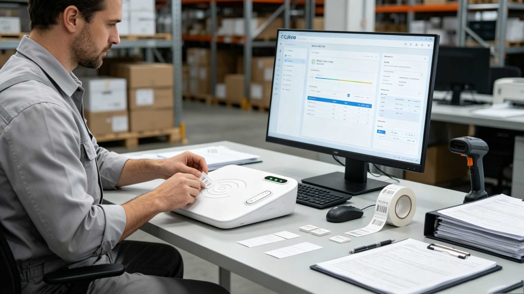 How to Replace RFID Sticker: A Practical RFID Tag Replacement Guide 2 Cykeo desktop RFID writer programming replacement RFID sticker tags in an enterprise RFID management workflow