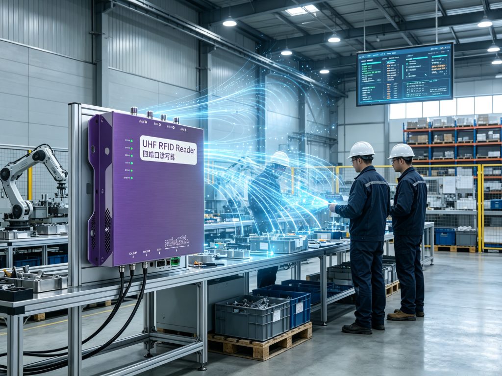 RFID tag communicating with Cykeo RFID reader for automated asset identification in a European industrial facility
