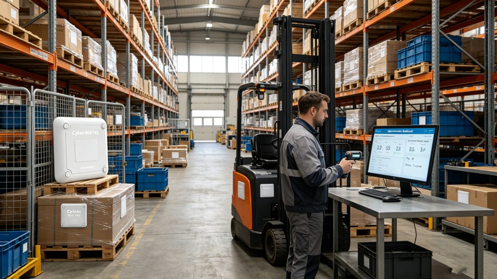 what is rfid label and How It Supports Smart Identification 1 Cykeo RFID label attached to industrial assets in a modern European warehouse tracking system
