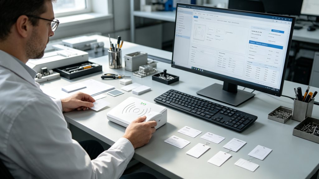 Cykeo RFID desktop reader writing RFID tags in a professional workspace