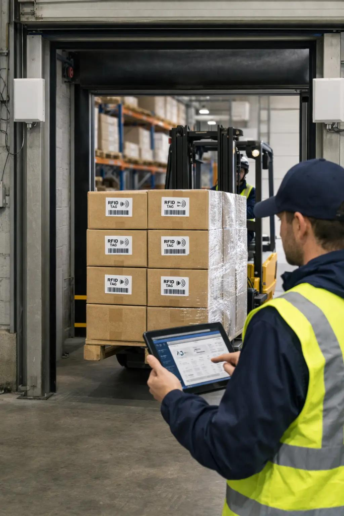 RFID tags attached to products inside a European smart warehouse with RFID tracking system