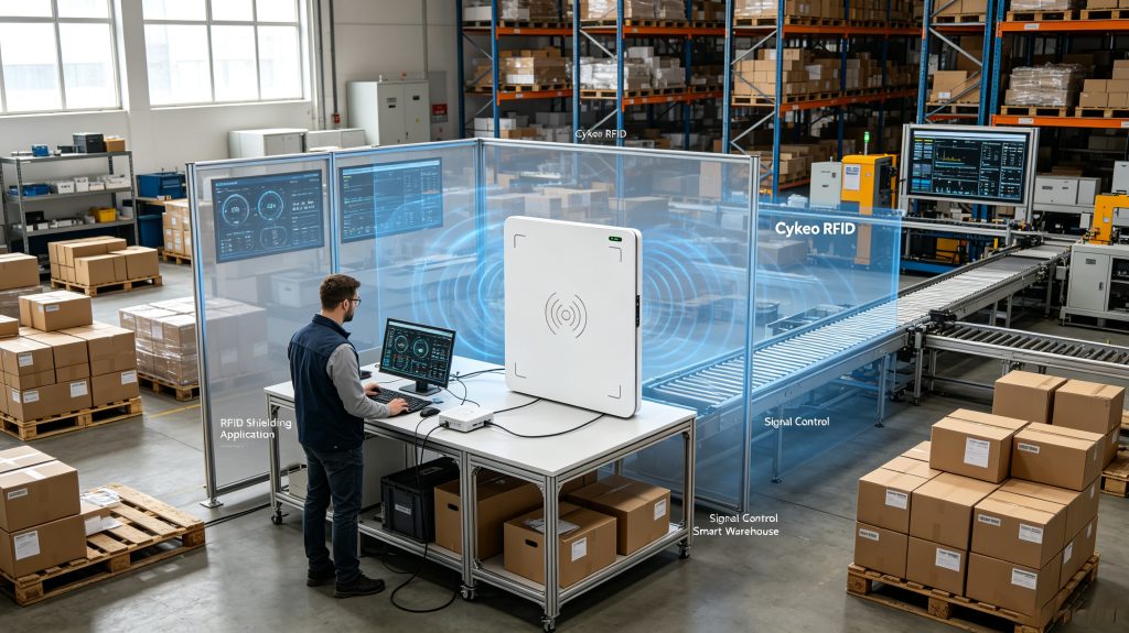 Industrial RFID shielding solution showing Cykeo RFID equipment and signal control environment
