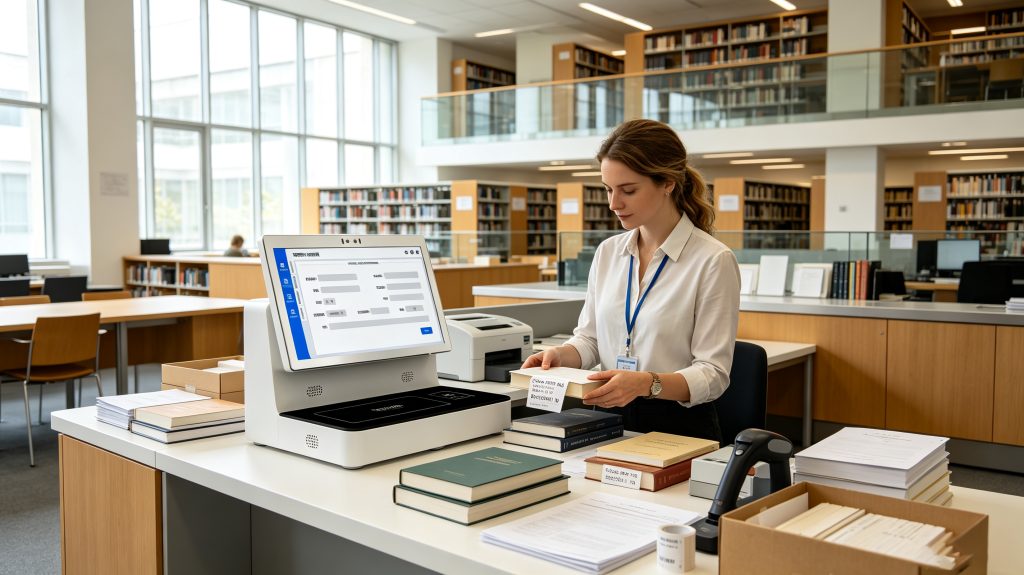 Cykeo RFID scanner workstation used to identify RFID tagged books in a modern European library