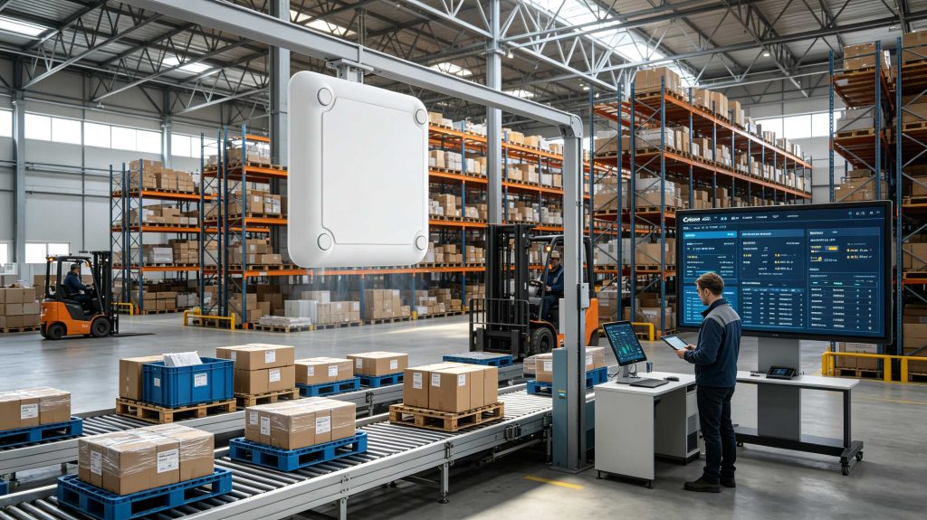 How far can RFID be read: Understanding RFID Reading Distance and Range Factors 1 UHF RFID fixed reader scanning tagged pallets in a modern European warehouse