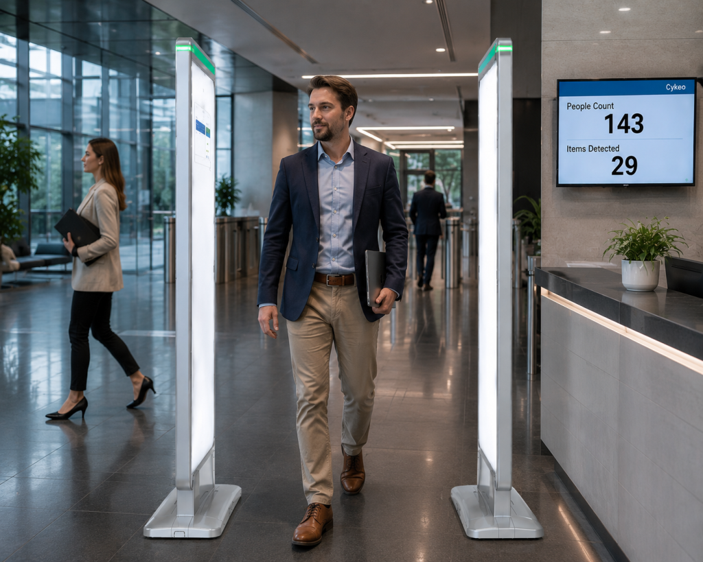 Cykeo RFID access gate installed at a European corporate entrance detecting RFID-tagged assets automatically
