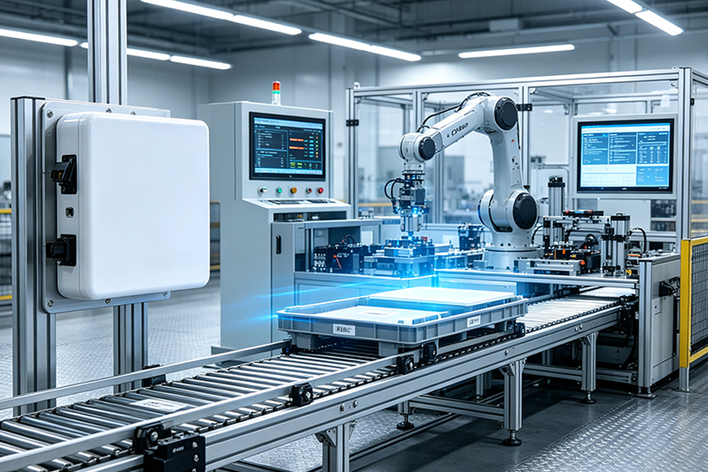 RFID in Automation: How RFID Technology Powers Intelligent Industrial Automation 1 Cykeo RFID reader identifying production carriers on automated conveyor