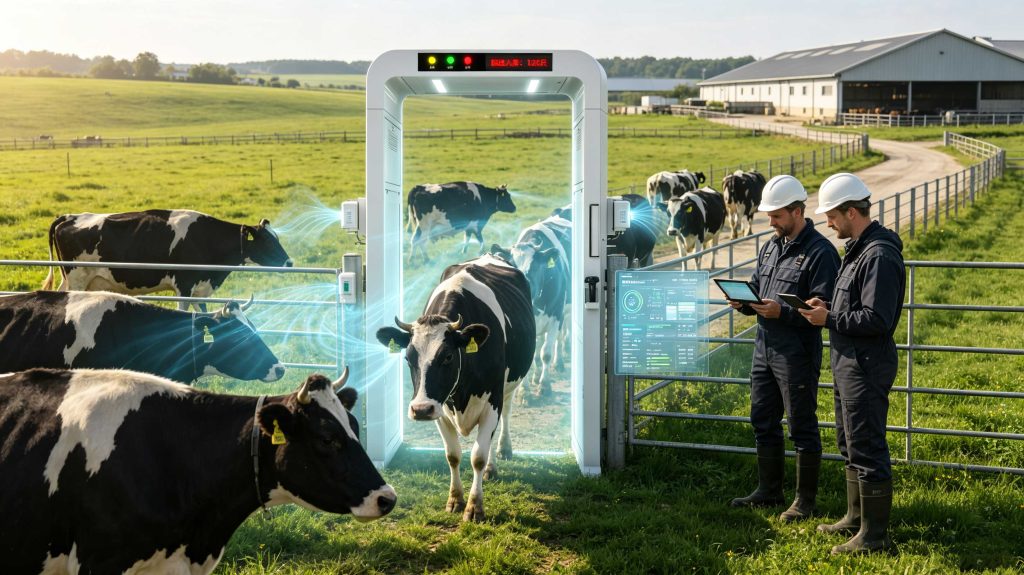 How is RFID Used for Animal Tracking: Complete Guide to RFID Livestock Identification 1 Cattle with RFID tags passing through an automated livestock identification gate