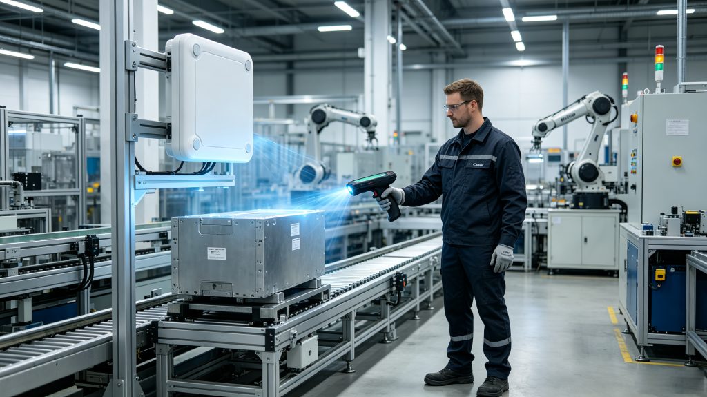 External RFID Reader: Why Is It the Preferred Choice for Industrial RFID Systems? 1 Cykeo external RFID reader scanning RFID tags in a European manufacturing facility