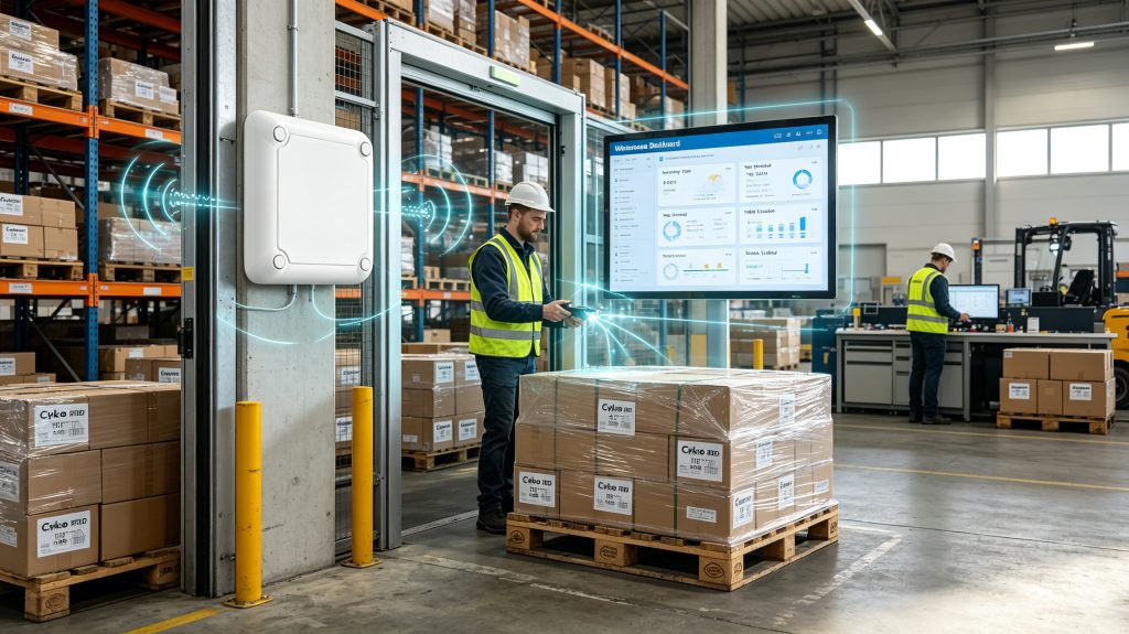 what are rfid tags and how are they used: Complete Guide to RFID Identification Technology 1 Industrial RFID reader scanning multiple RFID tags attached to products in a European smart warehouse