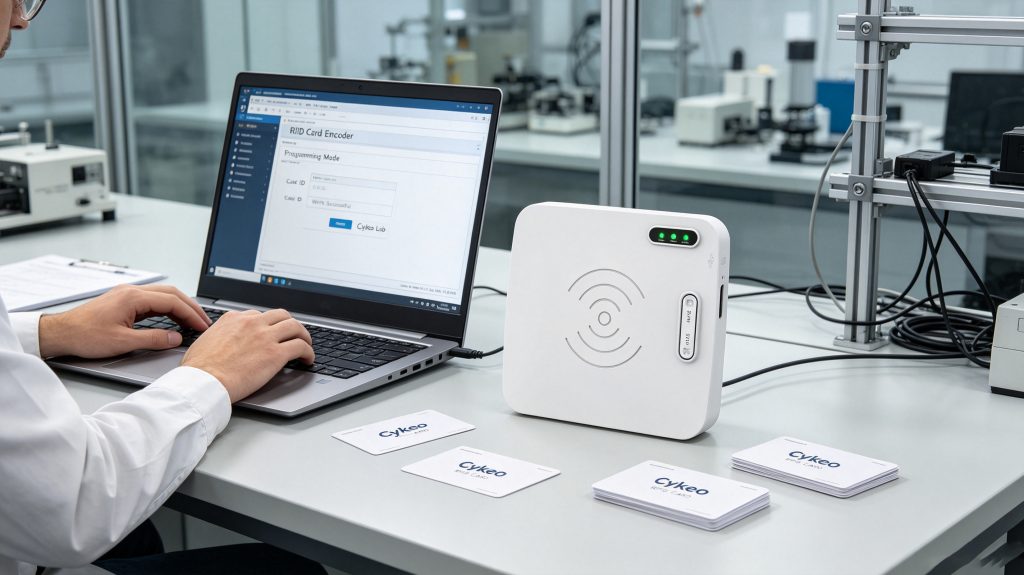 Technician programming RFID cards using Cykeo RFID encoding equipment